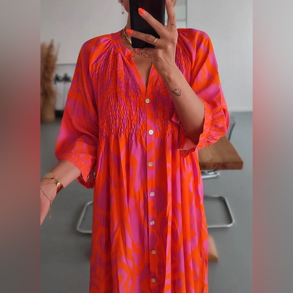 Hot Pink and Orange Print Shirred Button Front Midi Dress, NWT